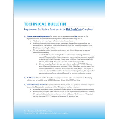 Technical Bulletin Surfaces Sanitizers FDA Food Code