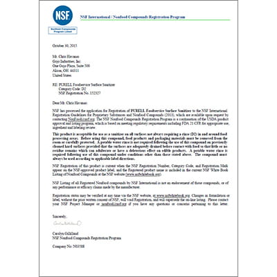NSF D2 Certification Letter for No Rinse Food Contact surfaces