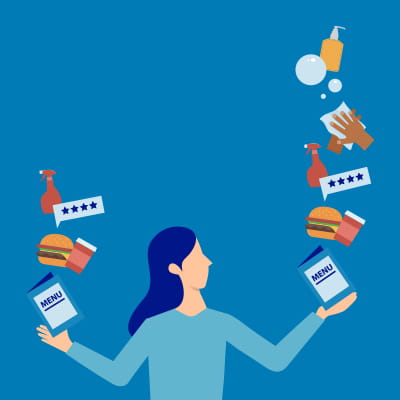 Graphic of a person juggling menus, food items, surface disinfectant and hand sanitizer bottles