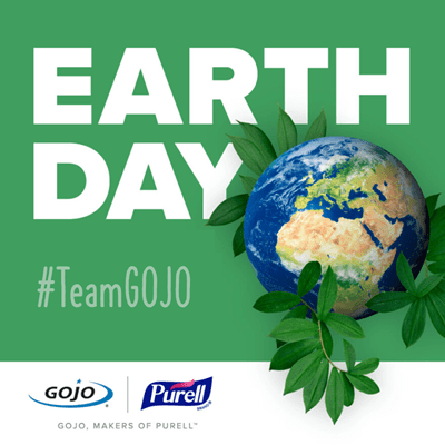 A Grapic with the Words Earth Day Invest in Our Planet and the Logos for GOJO and PURELL Brand