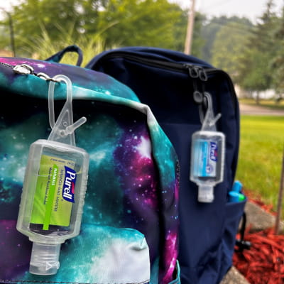 Backpacks with PURELL hand sanitizer with Jelly Wraps on them